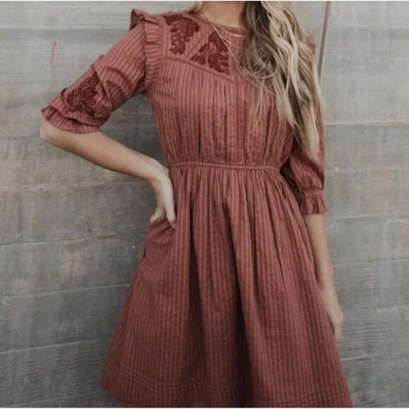 Bohme Mauve Embroidered Boho Prairie Midi Dress Size Medium - Picture 1 of 7